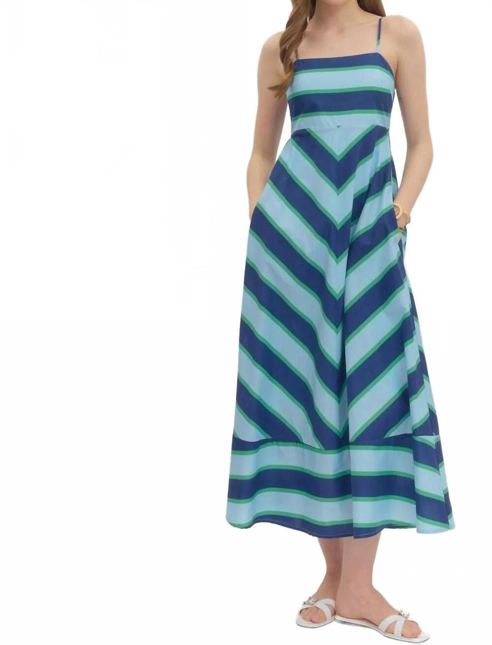 NEW ENTRO darlene sleeveless midi dress in navy blue / green stripe